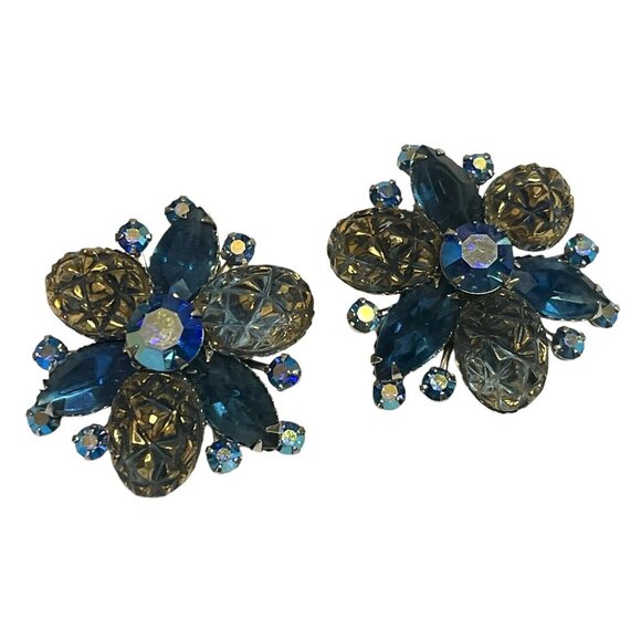 VTG Judy Lee? Molded Blue AB Rhinestone Earrings Clip On Silver Tone EXC GIFT - Picture 2 of 7